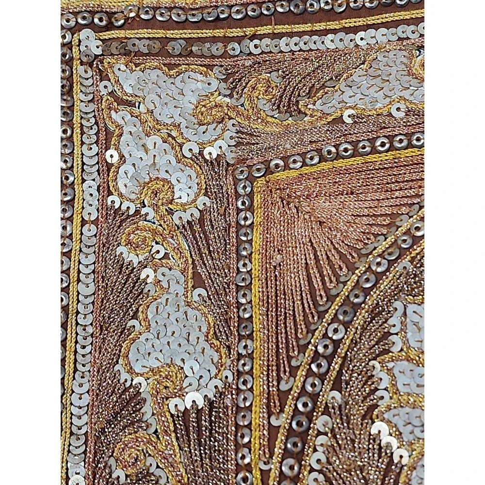 VTG Turkish Hand Beaded Embroidered Sequined Throw Pillow Cover Gold Boho